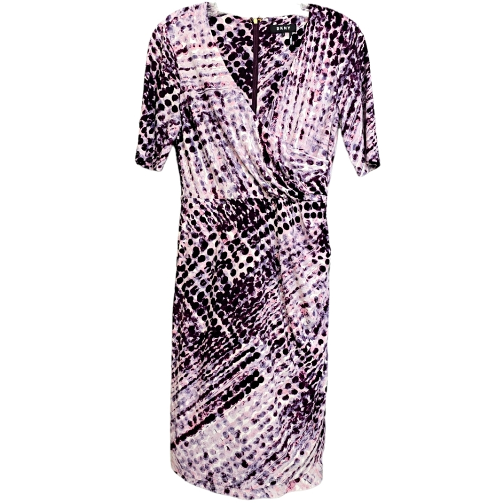 DKNY Purple/Light Pink Geometric Print  Shortsleeve Faux Wrap Jersey Dress